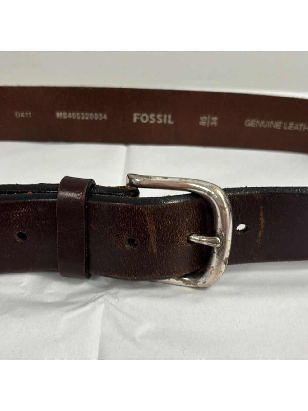 FOSSIL vintage brown leather belt brushed silver tone metal buckle sz 34 unisex